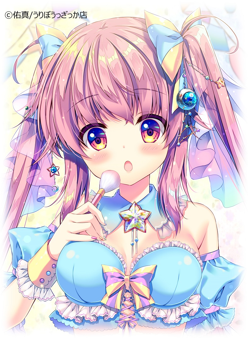 1girl :o bangs bare_shoulders blue_collar blue_sleeves blush bow breasts brown_hair collar commentary_request crescent crescent_hair_ornament crop_top detached_collar eyebrows_visible_through_hair green_nails hair_bow hair_ornament hair_ribbon long_hair makeup_brush medium_breasts mizuki_yuuma multicolored multicolored_nails nail_polish open_mouth original pink_nails puffy_short_sleeves puffy_sleeves red_eyes ribbon short_sleeves sidelocks solo star striped striped_bow twintails upper_body watermark wrist_cuffs yellow_nails