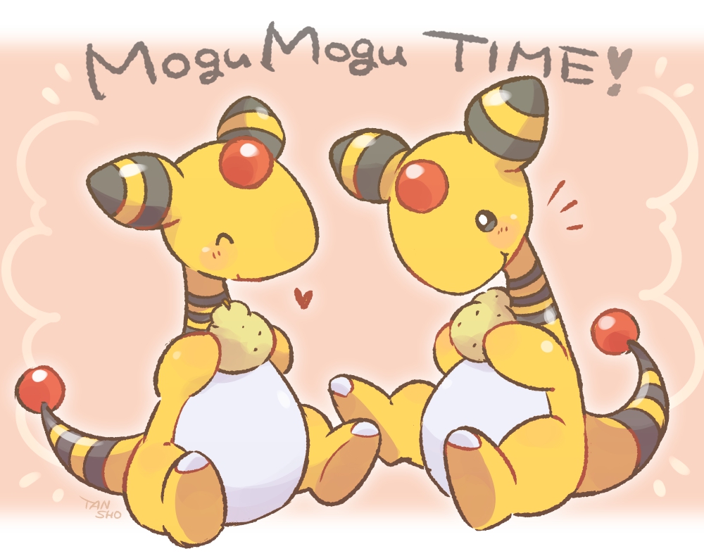 :t ^_^ ampharos berry_(pokemon) blush closed_eyes closed_mouth commentary_request eating gen_2_pokemon heart holding pokemon signature sitrus_berry sitting smile tansho