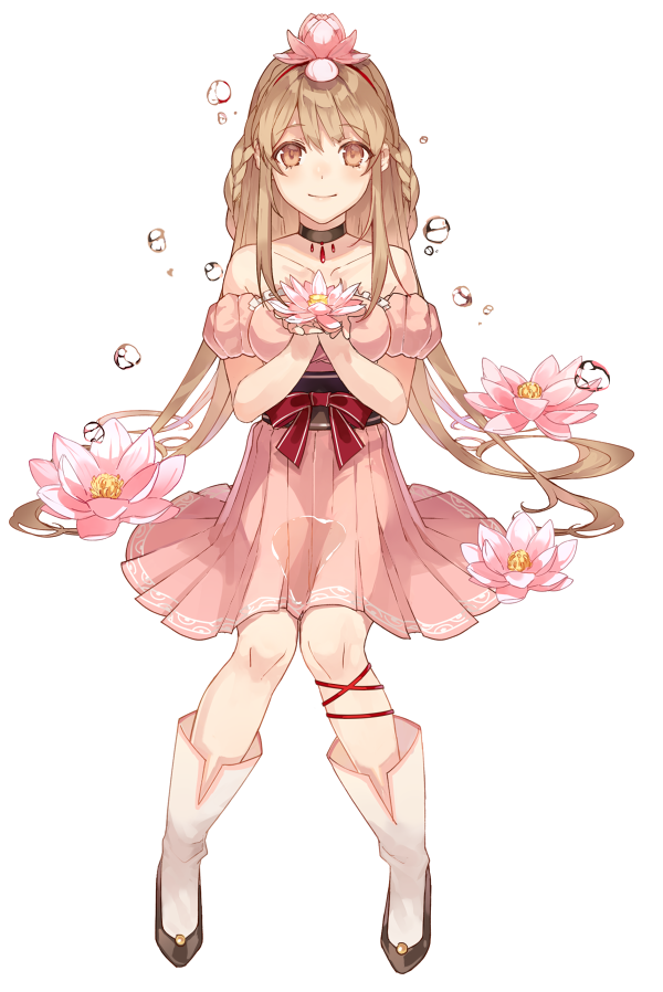 1girl bangs bare_shoulders black_choker blush boots bow braid brown_eyes brown_hair choker closed_mouth collarbone commentary_request detached_sleeves dress eyebrows_visible_through_hair flower full_body hair_between_eyes hair_flower hair_ornament holding holding_flower knees_together_feet_apart long_hair obi original pig_ggul pink_dress pink_flower pink_sleeves pleated_dress puffy_short_sleeves puffy_sleeves red_bow sash short_sleeves simple_background sitting smile solo strapless strapless_dress very_long_hair water_drop white_background white_footwear