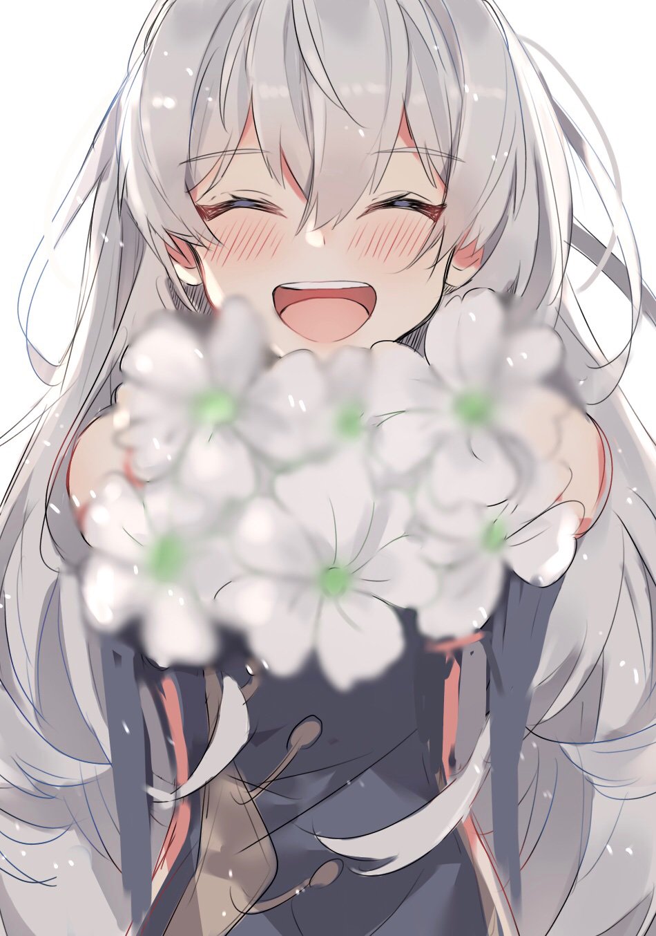 1girl aogisa bangs blurry blush bouquet closed_eyes commentary_request depth_of_field dress eyebrows_visible_through_hair flower girls_frontline hair_between_eyes highres long_hair looking_at_viewer navy_blue_dress open_mouth ribeyrolles_1918_(girls_frontline) silver_hair smile solo very_long_hair wavy_hair white_background