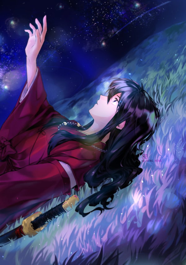 1boy arm_up black_eyes black_hair grass hair_between_eyes inuyasha inuyasha_(character) inuyasha_(human) japanese_clothes katana kimono long_hair looking_up lying male_focus megaheng night on_back outdoors red_kimono sheath sheathed shiny shiny_hair sky solo star_(sky) starry_sky sword upper_body weapon