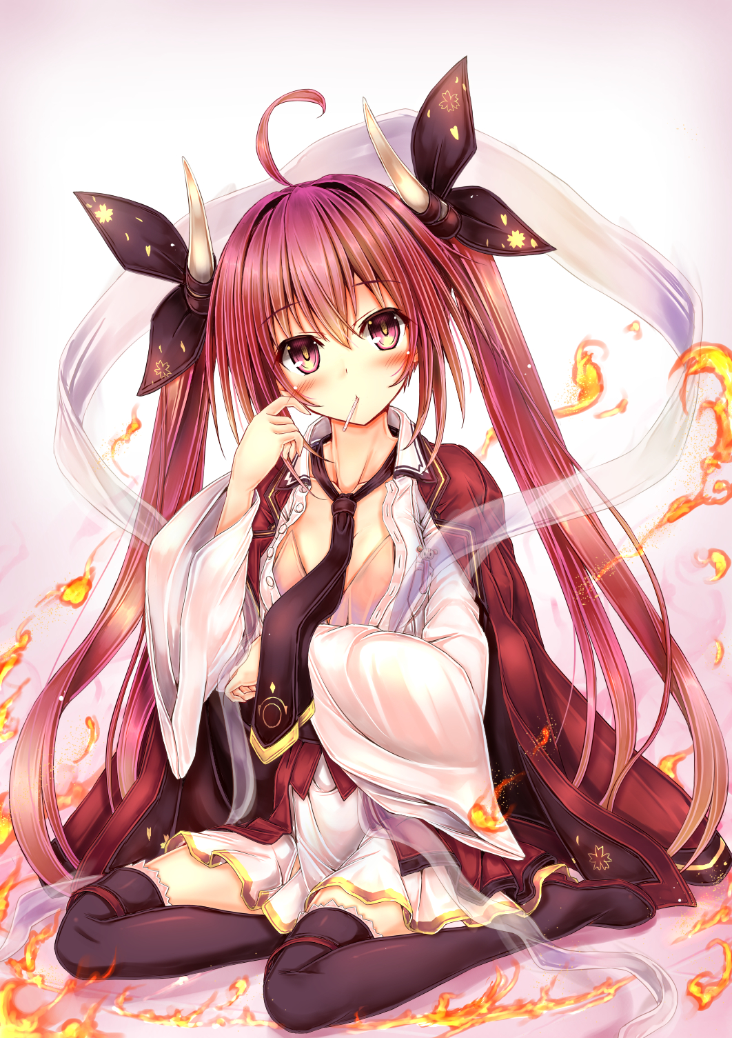 1girl black_footwear black_ribbon blush candy commentary_request date_a_live fire food food_in_mouth full_body hair_ribbon highres horn_ornament itsuka_kotori jacket jacket_on_shoulders kaisu lollipop long_hair necktie red_eyes red_jacket redhead ribbon seiza sitting solo thigh-highs twintails very_long_hair wide_sleeves