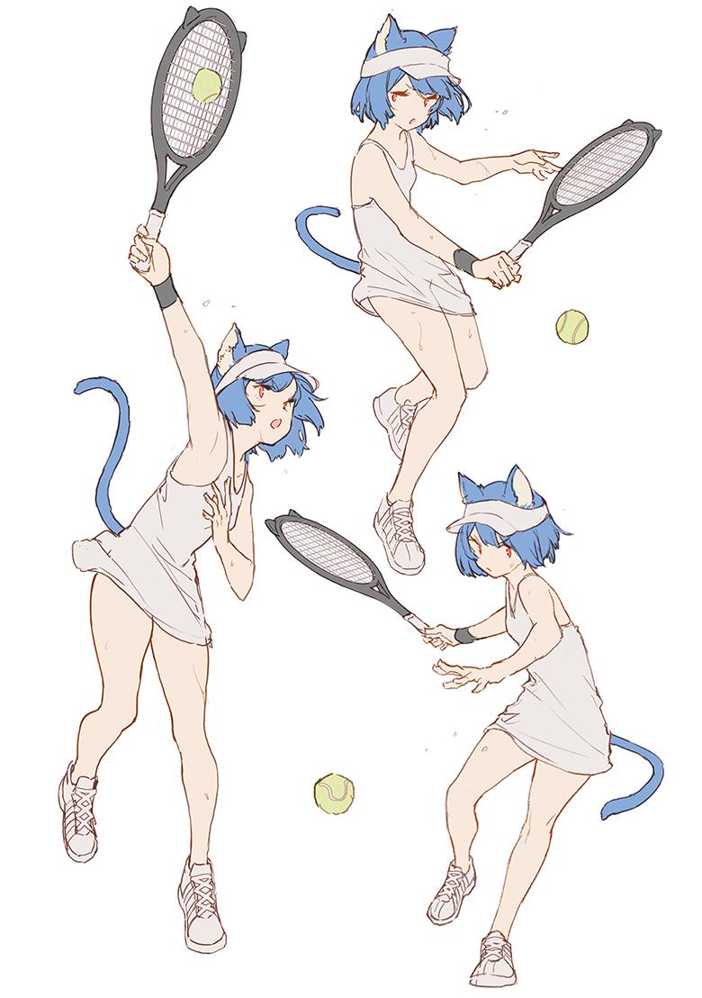 1girl :o animal_ears arm_up badminton badminton_racket ball blue_hair breasts cat_ears cat_tail dress eyebrows_visible_through_hair full_body green_ball hand_up holding holding_racket looking_to_the_side mogumo multiple_views open_mouth original playing racket red_eyes shoes short_dress simple_background small_breasts sneakers sport sportswear sweat tail white_background wristband