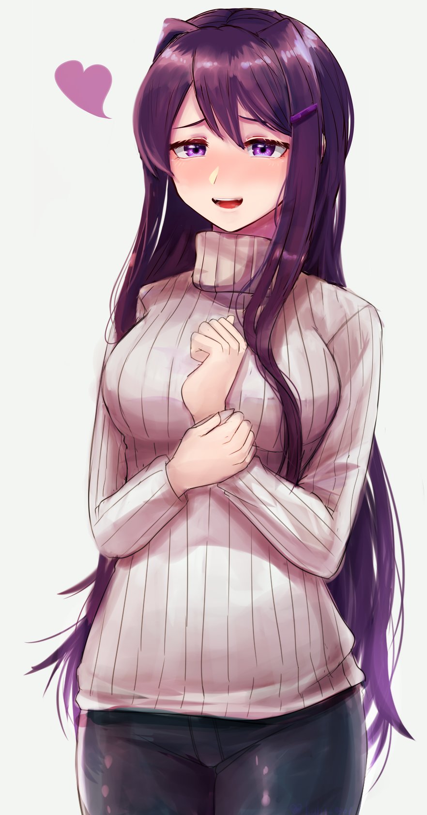 bad_proportions black_pants blush breasts cowboy_shot doki_doki_literature_club hair_between_eyes hair_ornament hairclip highres hita holding_arm long_hair long_sleeves looking_at_viewer open_mouth pants purple_hair ribbed_sweater simple_background smile solo standing sweater very_long_hair violet_eyes yuri_(doki_doki_literature_club)