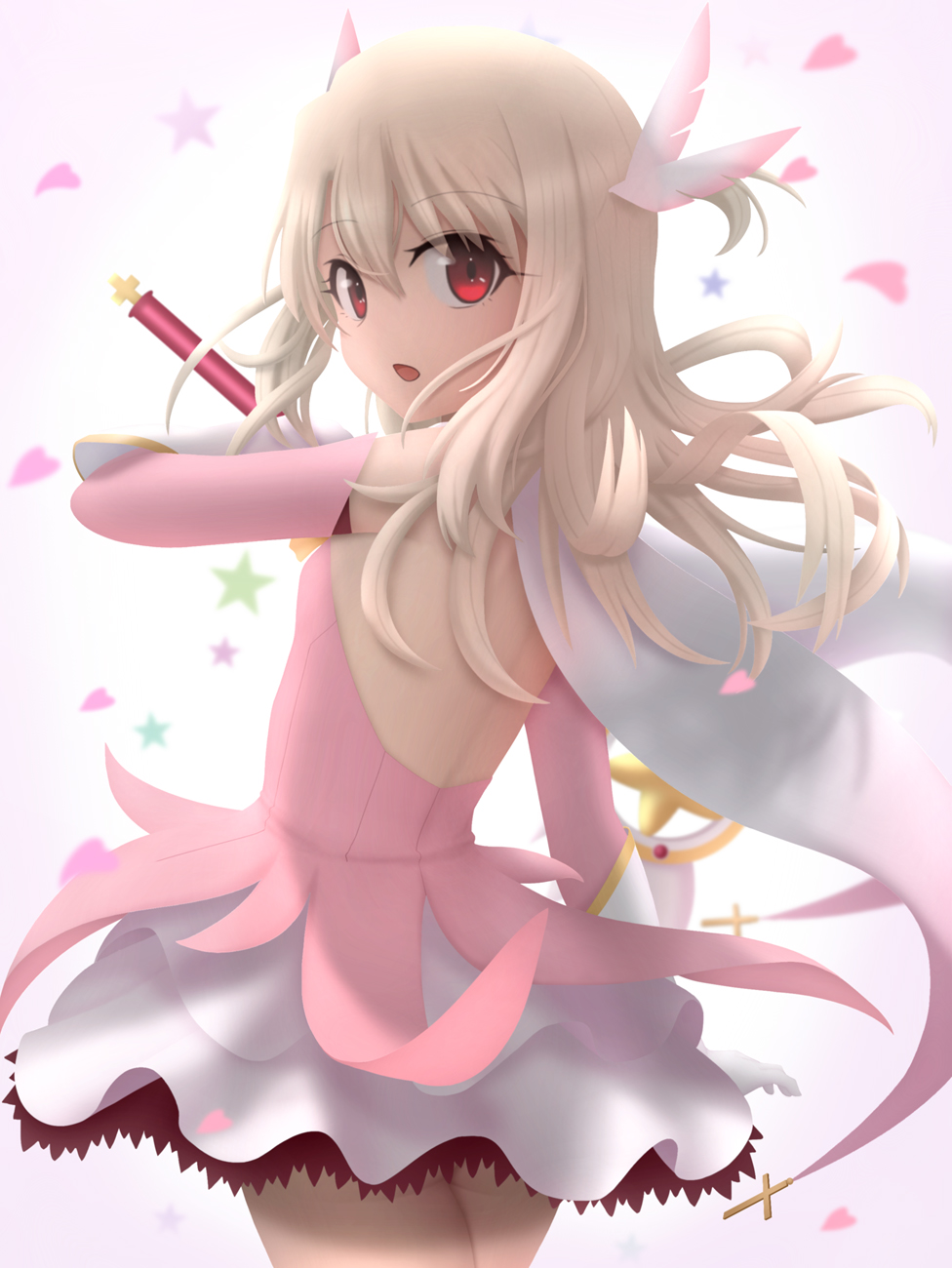 1girl ass back bangs blonde_hair elbow_gloves eyebrows_visible_through_hair fate/kaleid_liner_prisma_illya fate_(series) feathers gloves hair_between_eyes hair_feathers highres holding holding_wand illyasviel_von_einzbern kaleidostick long_hair looking_at_viewer looking_back magical_girl magical_ruby open_mouth petals pink_feathers prisma_illya red_eyes siraha solo standing two_side_up wand white_gloves