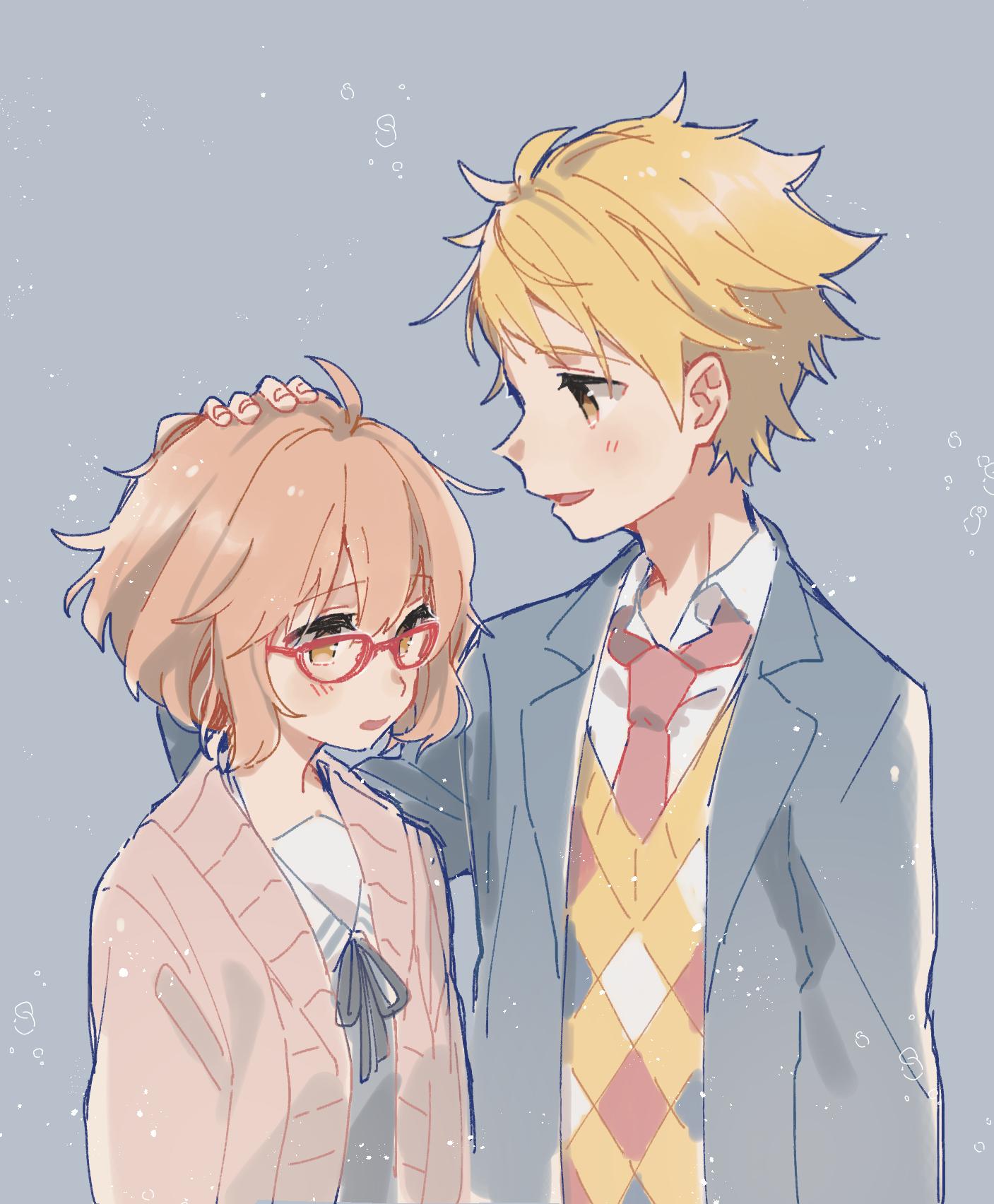 1boy 1girl blonde_hair blue_background blue_jacket blush bow brown_hair coat commentary glasses hand_on_another's_head highres jacket kanbara_akihito kuriyama_mirai kyoto_animation kyoukai_no_kanata looking_at_another looking_to_the_side necktie open_mouth red-framed_eyewear red_neckwear school_uniform shirt short_hair simple_background smile standing tokyo_mx uniform upper_body waistcoat white_shirt yellow_eyes yue_jiu