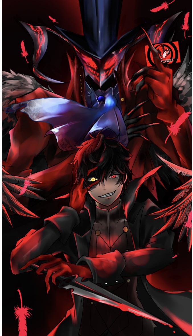 1boy amamiya_ren arsene_(persona_5) black_coat black_hair blood bloody_knife card coat gloves grin hair_between_eyes heterochromia holding holding_card holding_knife knife looking_at_viewer male_focus open_clothes open_coat persona persona_5 red_eyes red_feathers red_gloves smile solo ueno5213830 yellow_eyes