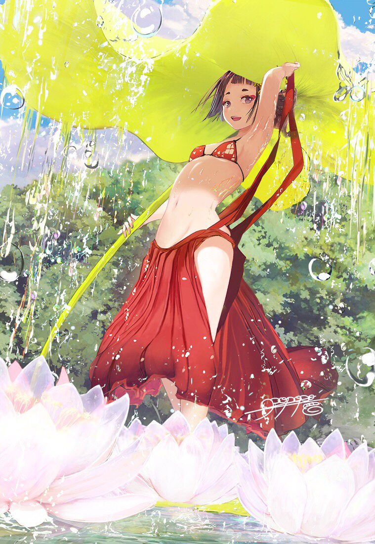 1girl arm_up armpits bikini_top black_eyes black_hair breasts clouds eyebrows eyeshadow flower from_below hair_ornament hakama japanese_clothes lake lily_pad looking_at_viewer looking_down looking_to_the_side makeup navel open_mouth original oversized_object popopo_(popopo5656) rain short_hair sideboob signature sky small_breasts smile stomach tree walking walking_on_liquid water water_drop wet