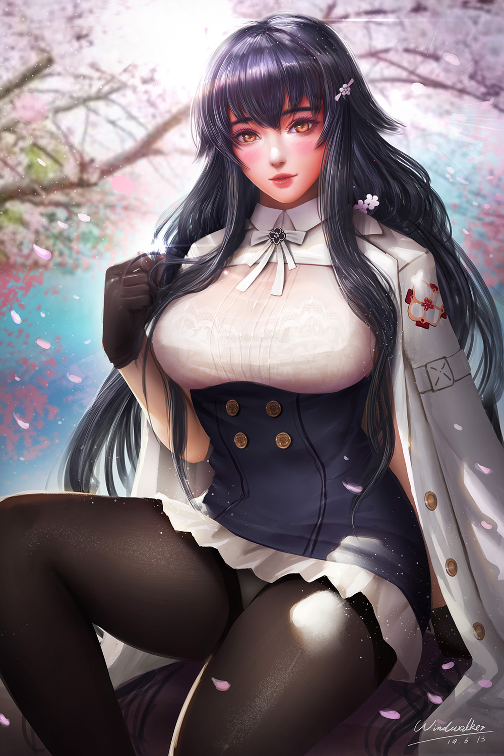 1girl azuma_(azur_lane) azur_lane bangs black_gloves black_hair black_legwear blush bra_through_clothes breasts brown_eyes cherry_blossoms cloak corset dated day double-breasted eyebrows_visible_through_hair gloves hair_between_eyes hair_ornament hairclip hand_up highres kaze_no_gyouja large_breasts long_hair looking_at_viewer outdoors panties panties_under_pantyhose pantyhose parted_lips petals red_lips sidelocks signature sitting skirt smile solo underwear white_panties white_skirt wind yellow_eyes