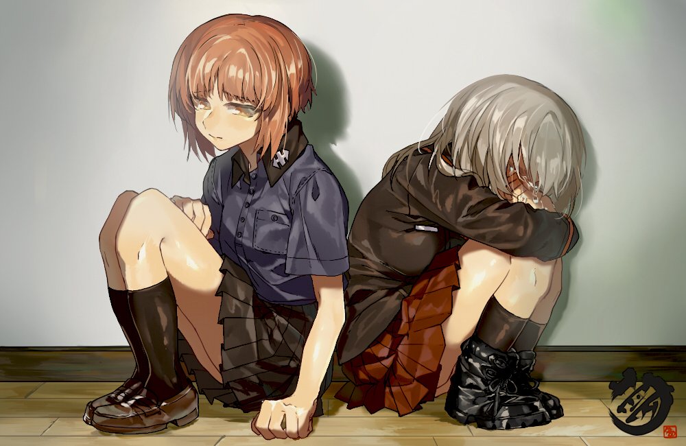 2girls ankle_boots artist_logo back-to-back bangs black_footwear black_jacket black_legwear black_skirt boots brown_eyes brown_hair closed_mouth commentary covering_face cross-laced_footwear crossed_arms crying dress_shirt eyebrows_visible_through_hair frown girls_und_panzer grey_shirt half-closed_eyes indoors insignia itsumi_erika jacket kuromorimine_military_uniform kuromorimine_school_uniform lace-up_boots leg_hug loafers long_hair long_sleeves military military_uniform miniskirt multiple_girls nishizumi_miho pleated_skirt red_skirt sad school_uniform shadow shirt shoes short_hair silver_hair sitting skirt socks tears uniform veerinly wooden_floor