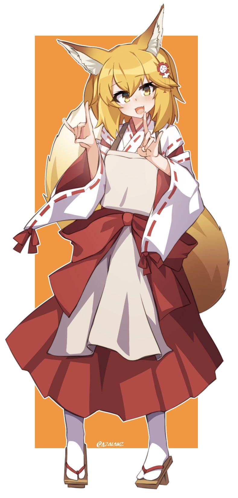 1girl :d animal_ear_fluff animal_ears bangs blonde_hair eyebrows_visible_through_hair fox_ears fox_shadow_puppet fox_tail geta hair_between_eyes hair_ornament highres japanese_clothes looking_at_viewer miko open_mouth orange_background outline ribbon-trimmed_sleeves ribbon_trim senko_(sewayaki_kitsune_no_senko-san) sewayaki_kitsune_no_senko-san simple_background smile solo tail tilt-shift twitter_username white_outline wide_sleeves yellow_eyes