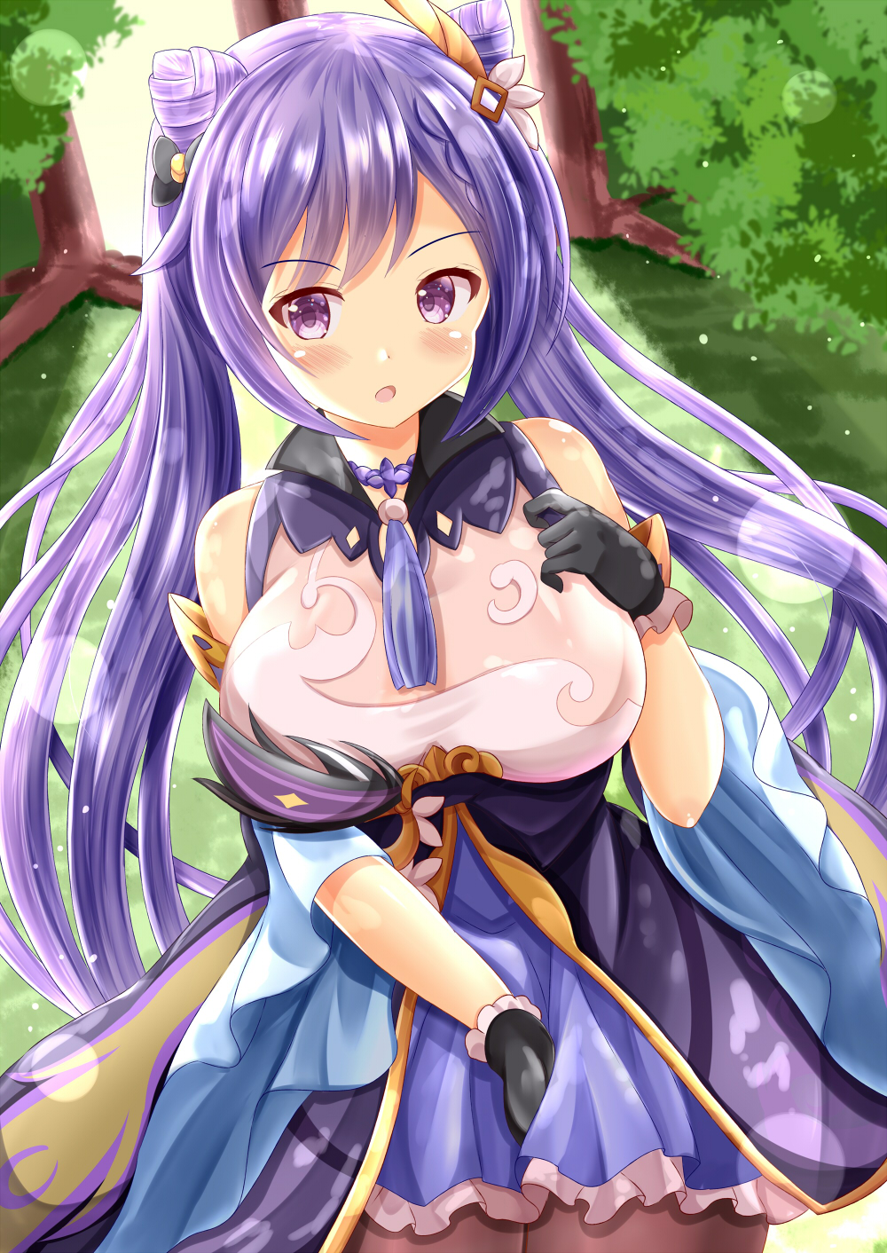 1girl :o bangs bare_shoulders black_bow black_gloves blue_skirt blush bow breasts brown_legwear commentary_request day eyebrows_visible_through_hair genshin_impact gloves hair_bow hair_cones hand_up highres keqing_(genshin_impact) large_breasts long_hair long_sleeves looking_at_viewer open_mouth outdoors pantyhose pleated_skirt purple_hair skirt solo tree twintails very_long_hair violet_eyes wide_sleeves zenon_(for_achieve)