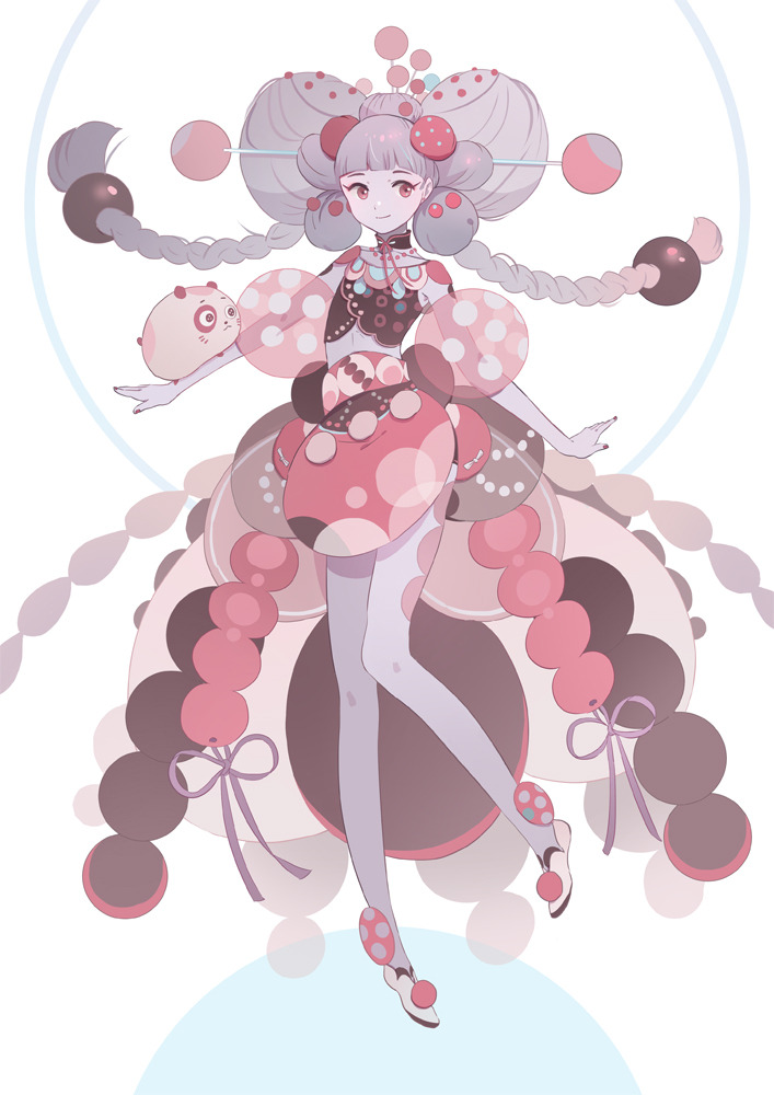 1girl appi523 bangs blunt_bangs braid flat_chest full_body grey_hair long_hair original pink_eyes pink_theme polka_dot shoes smile solo standing transparent twin_braids