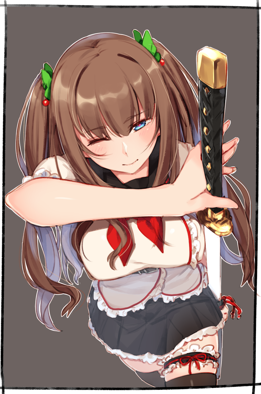 .live 1girl bangs black_legwear black_skirt blue_eyes blush bow breasts brown_hair closed_mouth drawing_sword eyebrows_visible_through_hair green_bow grey_background hair_between_eyes hair_bow half-closed_eye highres holding holding_sword holding_weapon kakyouin_chieri katana kei_(soundcross) large_breasts leg_garter long_hair looking_at_viewer one_eye_closed pleated_skirt puffy_short_sleeves puffy_sleeves sheath shirt short_sleeves skindentation skirt solo sword thigh-highs two_side_up unsheathing very_long_hair virtual_youtuber weapon white_shirt