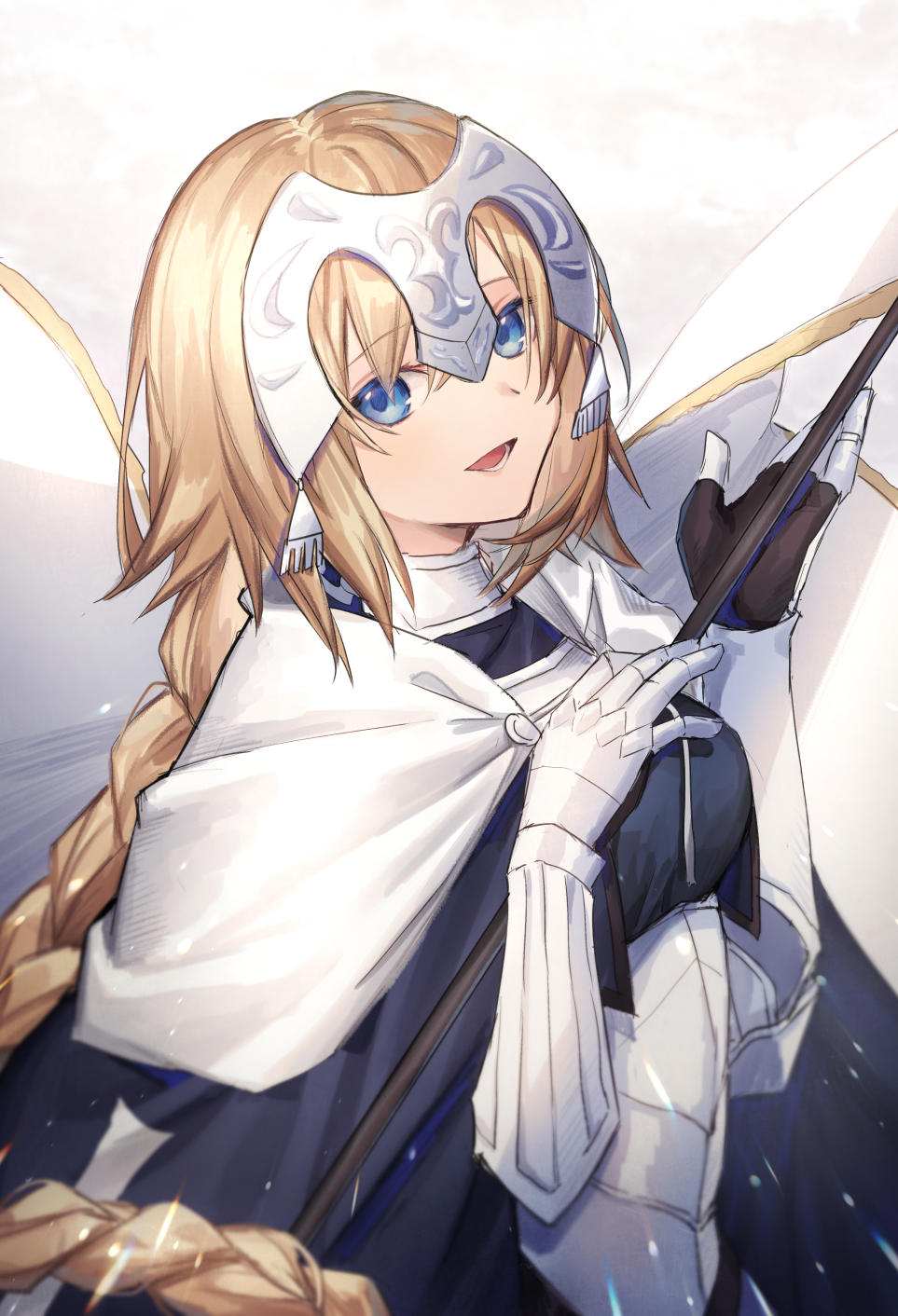 .com_(cu_105) 1girl armor armored_dress bangs black_dress blonde_hair blue_cape blue_eyes braid breasts cape commentary_request dress eyebrows_visible_through_hair fate/apocrypha fate_(series) flag gauntlets hair_between_eyes hands_up headpiece highres holding holding_flag jeanne_d'arc_(fate) jeanne_d'arc_(fate)_(all) long_hair medium_breasts parted_lips single_braid smile solo upper_body very_long_hair white_flag