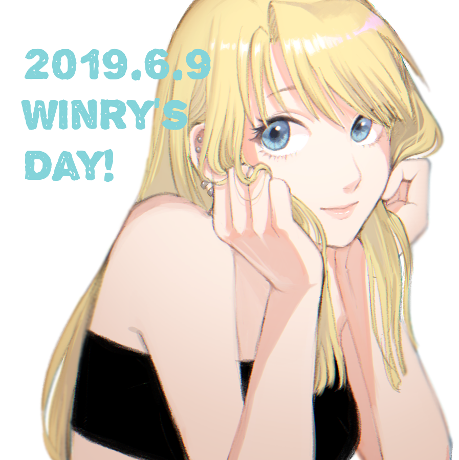 1girl 2019 arm_support armpit_peek bare_arms bare_shoulders blonde_hair blue_eyes breasts character_name commentary_request dated ear_piercing earrings english_text eyelashes fullmetal_alchemist hand_on_own_cheek happy jewelry light_smile lips long_hair looking_at_viewer medium_breasts ozaki_(tsukiko3) piercing shaded_face simple_background smile solo strapless text_focus tubetop upper_body white_background winry_rockbell