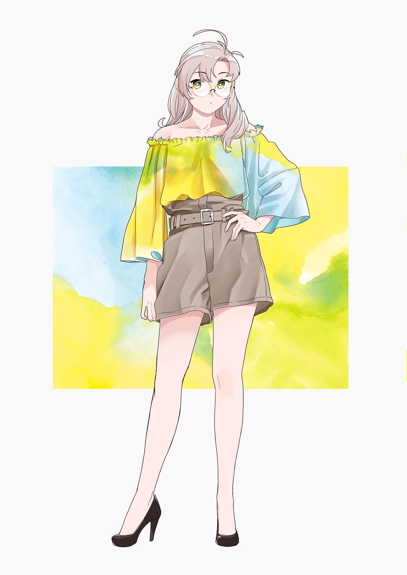 1girl :o ahoge alternate_costume bangs belt black_footwear blouse brown_shorts collarbone eyebrows_visible_through_hair full_body glasses green_eyes grey_hair hand_on_hip high-waist_shorts high_heels highres kantai_collection kinugasa_(kantai_collection) long_hair long_sleeves looking_at_viewer multicolored multicolored_clothes off_shoulder ojipon shorts solo white_background