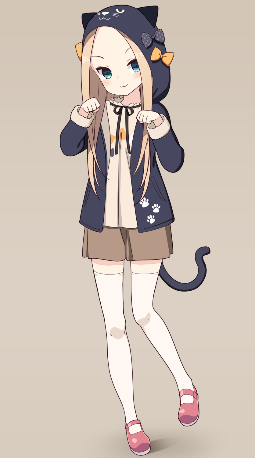 1girl :3 abigail_williams_(fate/grand_order) animal_ears animal_hood bangs bell_(oppore_coppore) black_bow black_jacket blonde_hair blue_eyes blush bow brown_background brown_shirt brown_skirt cat_ears cat_girl cat_hood cat_tail closed_mouth commentary_request fake_animal_ears fate/grand_order fate_(series) forehead full_body hands_up head_tilt highres hood hood_up hooded_jacket jacket long_hair long_sleeves looking_at_viewer mary_janes open_clothes open_jacket orange_bow parted_bangs paw_pose pleated_skirt polka_dot polka_dot_bow red_footwear shadow shirt shoes skirt solo standing standing_on_one_leg tail thigh-highs v-shaped_eyebrows white_legwear