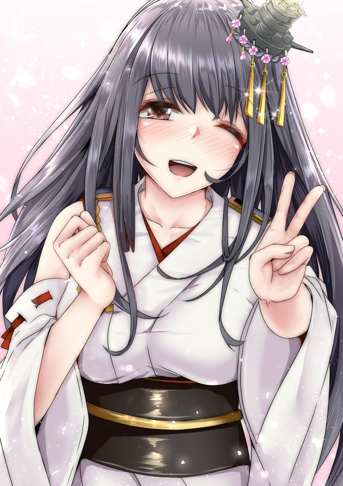 1girl bangs black_hair blush breasts brown_eyes collarbone detached_sleeves eyebrows_visible_through_hair fusou_(kantai_collection) hair_ornament headgear japanese_clothes kantai_collection long_hair looking_at_viewer nontraditional_miko nose_blush one_eye_closed open_mouth pink_background shohei_(piranha5hk) solo sparkle v wide_sleeves