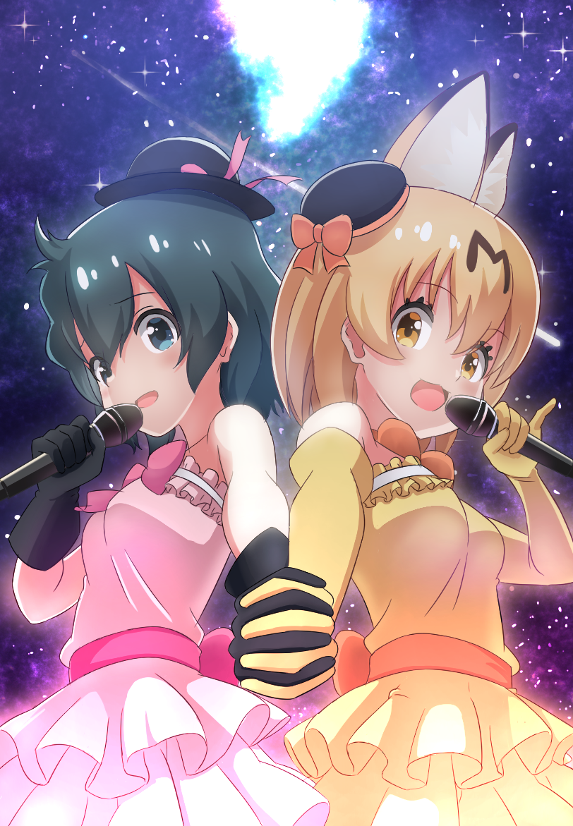 2girls :d alternate_costume animal_ear_fluff animal_ears bangs bare_shoulders black_gloves black_hair blonde_hair blue_eyes bow bowtie commentary_request dress elbow_gloves extra_ears eyebrows_visible_through_hair gloves hair_between_eyes hat hat_bow hat_ribbon holding_hands idol ilyfon133 interlocked_fingers kaban_(kemono_friends) kemono_friends looking_at_viewer microphone mini_hat multiple_girls open_mouth orange_neckwear outstretched_arm pink_dress pink_neckwear ribbon sash serval_(kemono_friends) serval_ears short_hair smile strapless strapless_dress tilted_headwear yellow_dress yellow_eyes