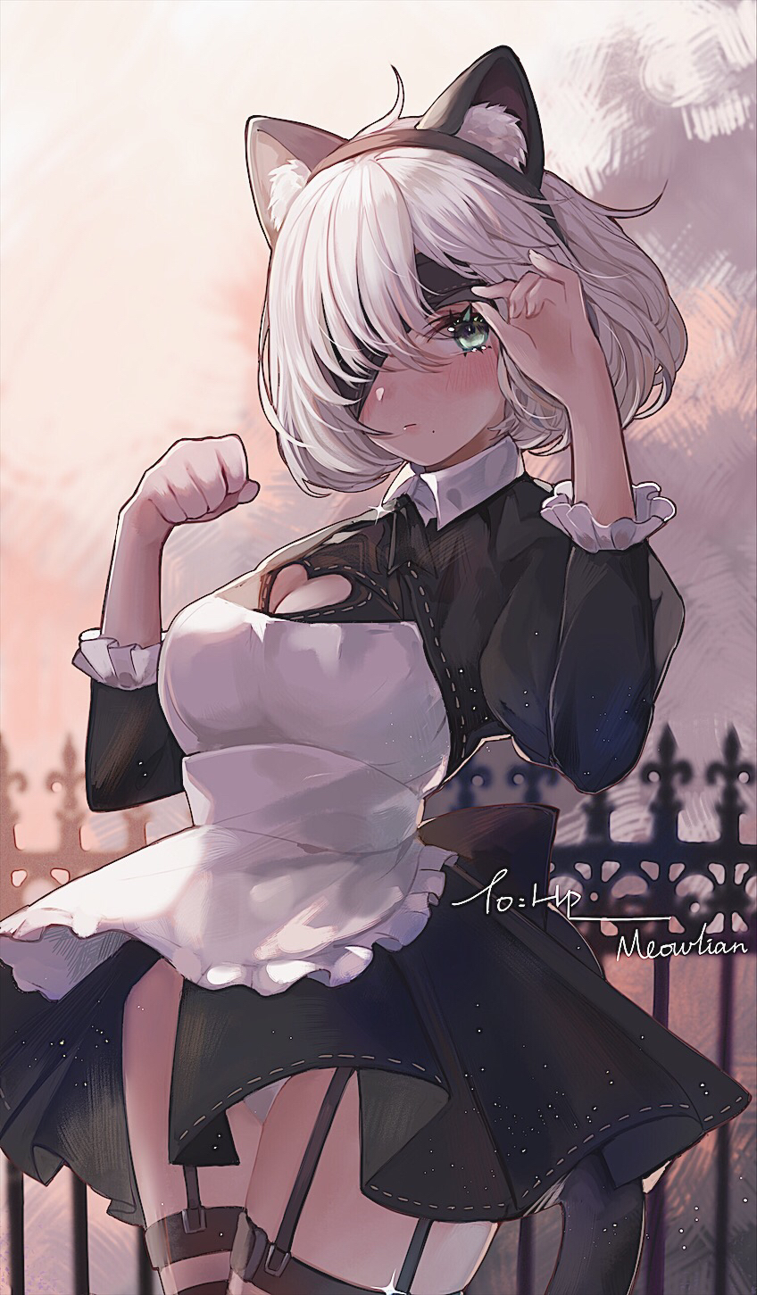 1girl alternate_costume animal_ears apron artist_name bangs black_dress blindfold cat_ears cat_tail cowboy_shot day dress enmaided eyelashes frills garter_straps green_eyes highres juliet_sleeves kemonomimi_mode long_sleeves maid maid_apron meowlian mole mole_under_mouth nier_(series) nier_automata outdoors panties pantyshot pantyshot_(standing) paw_pose puffy_short_sleeves puffy_sleeves short_dress short_hair short_sleeves solo standing tail thigh_strap underwear upskirt waist_apron white_panties wind wind_lift yorha_no._2_type_b