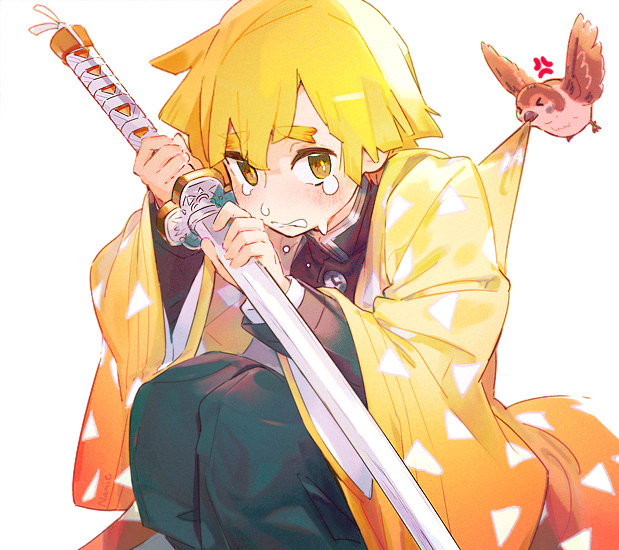 1boy agatsuma_zenitsu bangs bird blonde_hair blunt_bangs commentary crying english_commentary haori holding holding_sword holding_weapon japanese_clothes katana kimetsu_no_yaiba kimono long_sleeves male_focus namie-kun simple_background sitting sparrow sword weapon white_background yellow_eyes