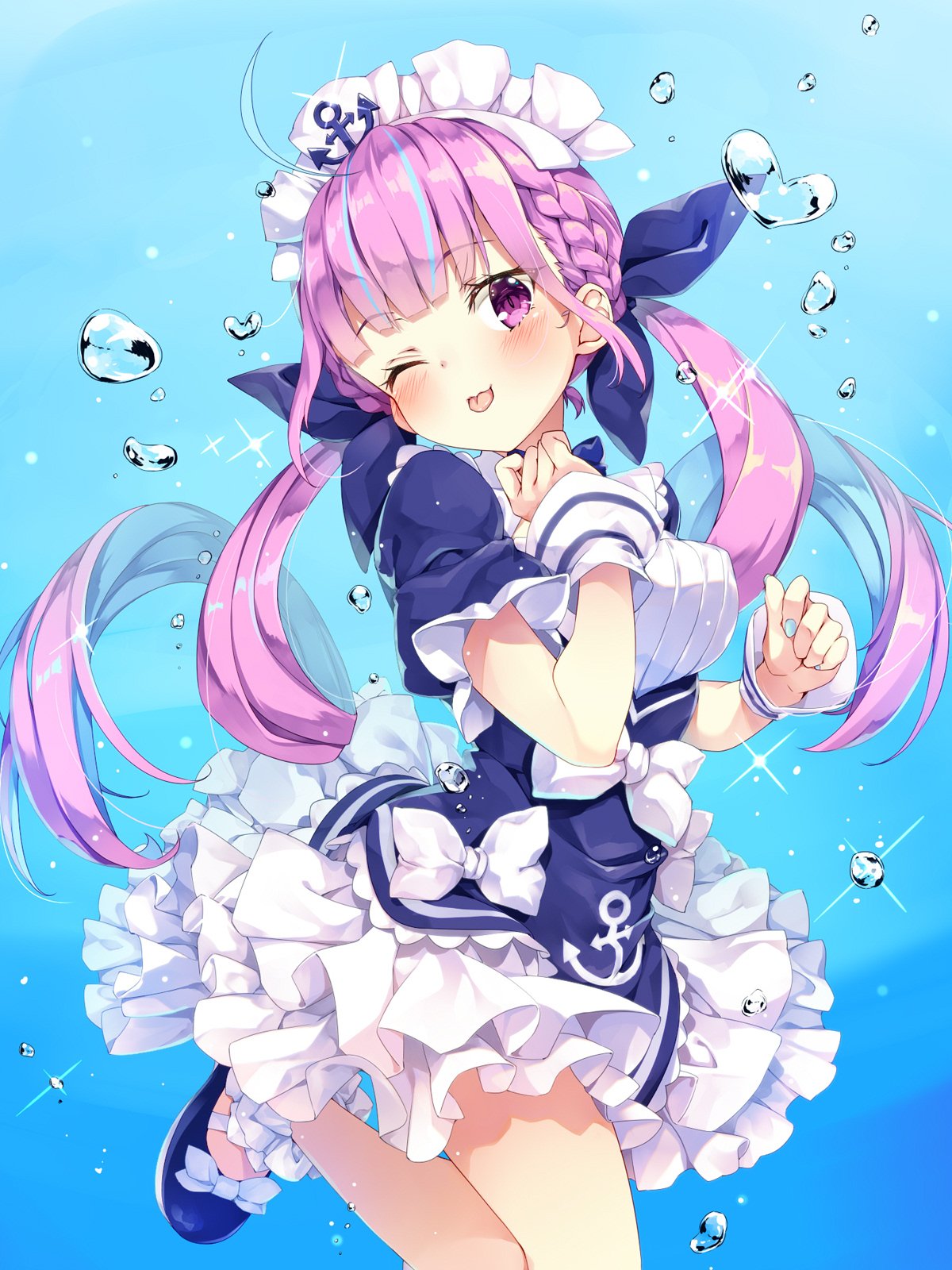 1girl ahoge anchor_symbol bangs blue_background blue_footwear blue_hair blush bow commentary cowboy_shot hair_ribbon heart highres hololive long_hair looking_at_viewer maid maid_headdress minato_aqua moeki_yuuta multicolored_hair one_eye_closed puffy_short_sleeves puffy_sleeves purple_hair ribbon short_sleeves smile solo standing standing_on_one_leg thighs tongue tongue_out twintails two-tone_hair violet_eyes virtual_youtuber water water_drop white_bow wrist_cuffs