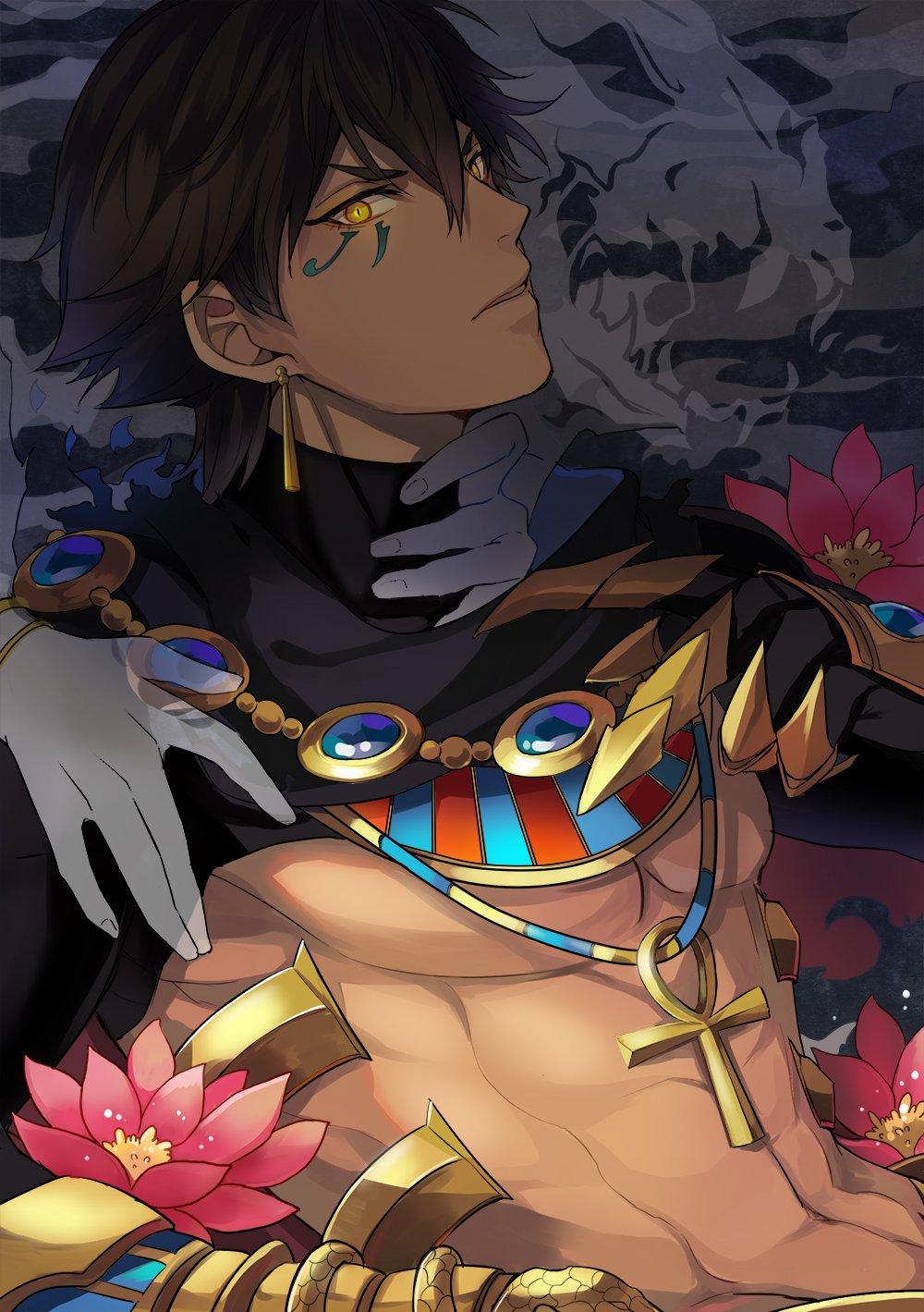 1boy abs bangs black_hair dark_skin dark_skinned_male earrings egyptian egyptian_clothes fate/grand_order fate/prototype fate_(series) flower gloves hands_on_another's_neck head_tilt highres jewelry long_sleeves looking_at_viewer open_mouth ozymandias_(fate) pectorals saka_nagiya yellow_eyes