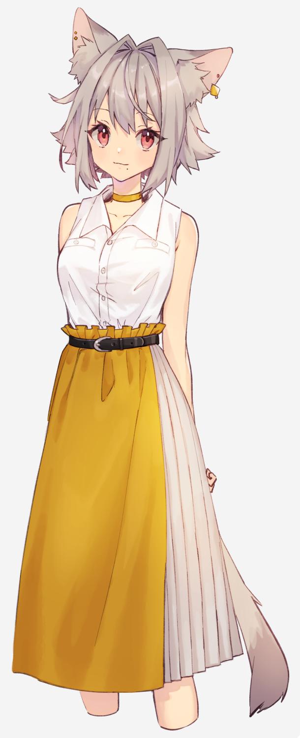 1girl :3 animal_ears belt beltskirt blush breast_pocket breasts cat_ears closed_mouth collarbone collared_shirt earrings eyebrows_visible_through_hair grey_hair highres jewelry looking_at_viewer medium_breasts mole mole_under_mouth original pocket red_eyes shirt short_hair skirt smile solo white_shirt yellow_skirt zumi_tiri