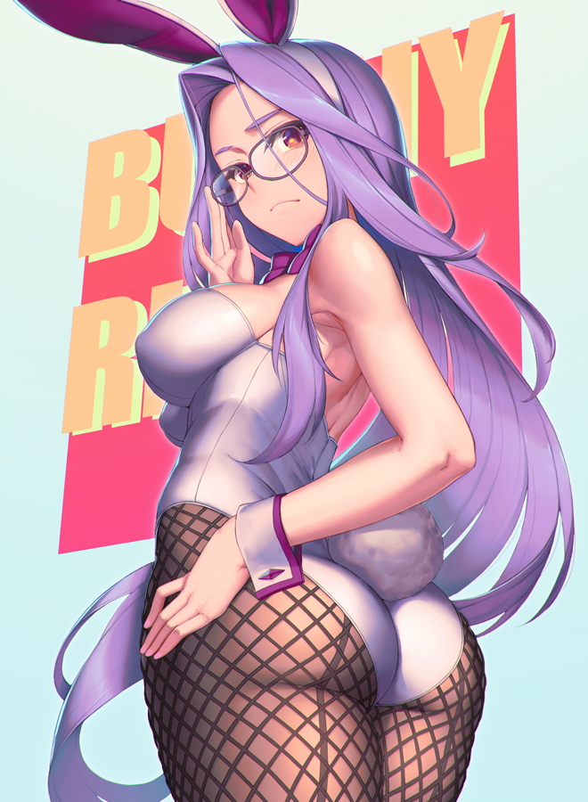 1girl adjusting_eyewear animal_ears ass bow bowtie breasts brown_eyes bunny_tail bunnysuit character_name covered_nipples fate/stay_night fate_(series) fishnet_pantyhose fishnets frown glasses gradient gradient_background hand_on_hip long_hair looking_at_viewer looking_back pantyhose purple_hair rabbit_ears rider rotix sleeve_cuffs solo tail