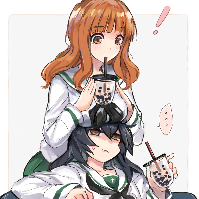 ! ... 2girls :t bangs black_hair blunt_bangs blush breast_press breasts brown_eyes cup drink eyebrows_visible_through_hair girls_und_panzer green_skirt holding holding_cup leaning_over long_hair long_sleeves multiple_girls neckerchief orange_eyes orange_hair pleated_skirt reizei_mako ribbon sailor_collar simple_background sitting skirt standing sweatdrop takebe_saori tea wavy_hair white_background yuuyu_(777)