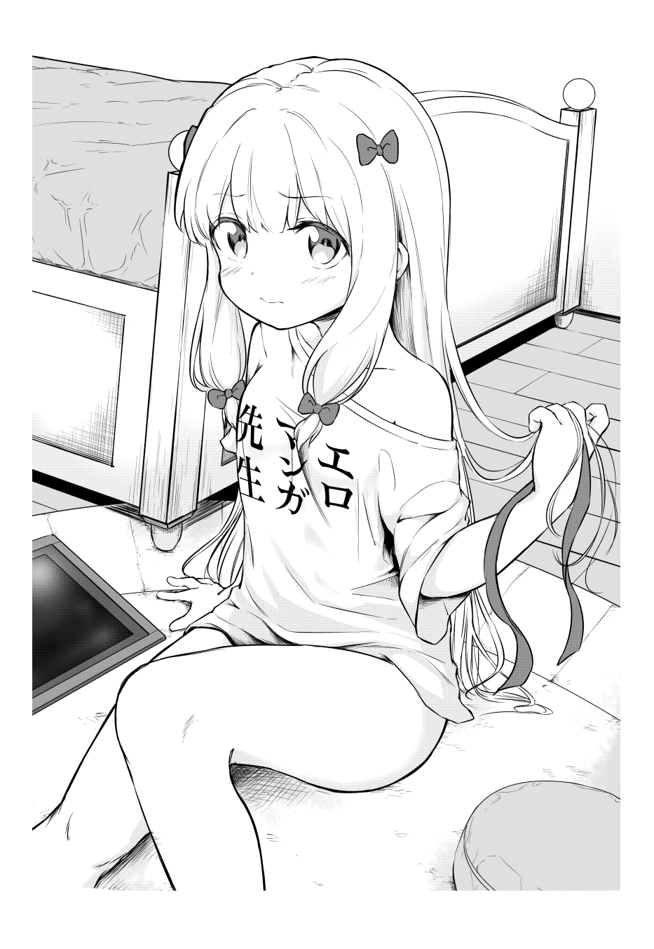 1girl arm_support bangs bed blush bow closed_mouth clothes_writing collarbone commentary_request copyright_name cushion drawing_tablet eromanga_sensei eyebrows_visible_through_hair feet_out_of_frame greyscale hair_between_eyes hair_bow highres holding holding_hair indoors izumi_sagiri kento0131 long_hair looking_at_viewer monochrome off_shoulder shirt short_sleeves sidelocks solo translated very_long_hair wooden_floor