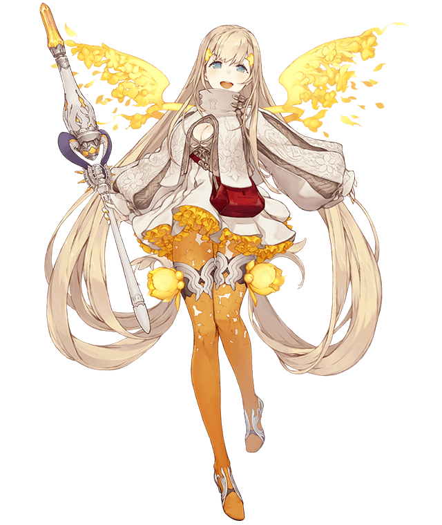 1girl :d aqua_eyes blonde_hair cleavage_cutout dress energy_wings floral_print flower frilled_dress frills full_body hair_flower hair_ornament high_collar high_heels holding holding_wand ji_no long_hair official_art open_mouth petals rapunzel_(sinoalice) sinoalice sleeves_past_wrists smile solo thigh_strap transparent_background upper_teeth very_long_hair wand