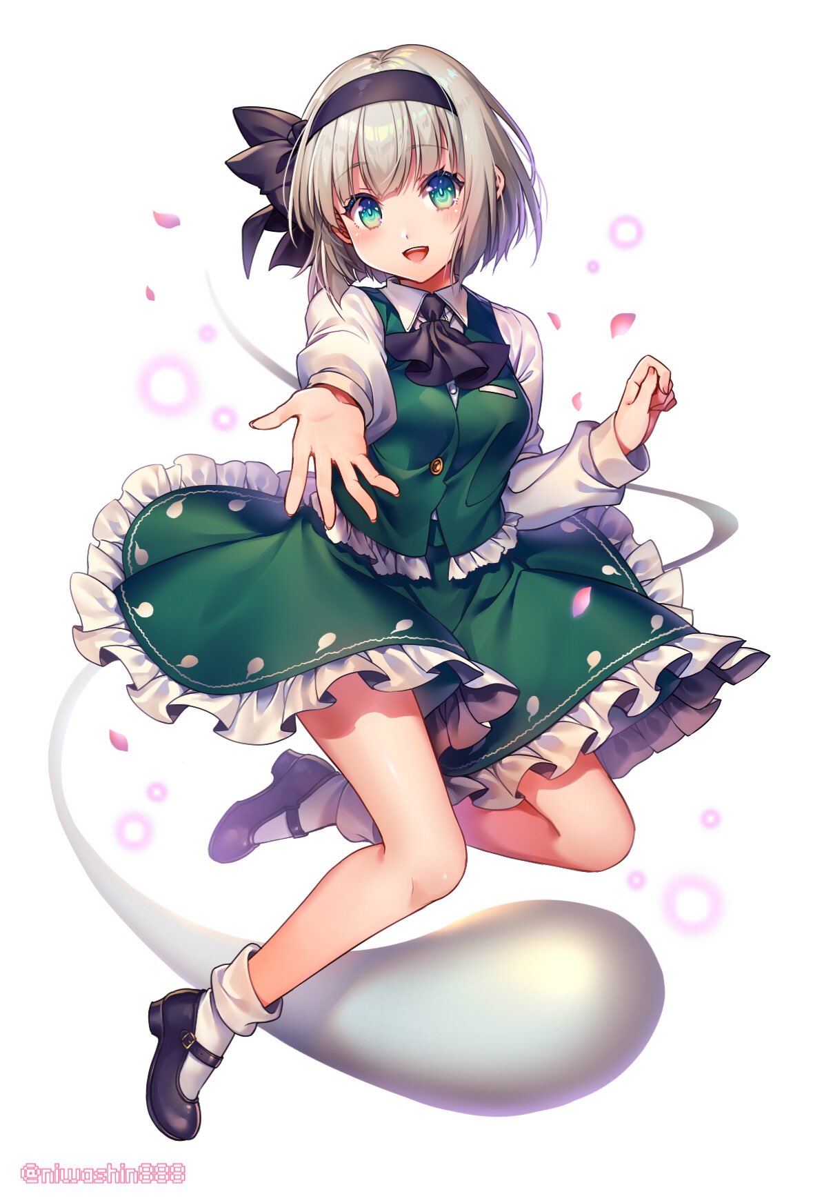 1girl :d artist_name ascot bangs black_footwear black_hairband black_neckwear black_ribbon blush breasts commentary_request eyebrows_visible_through_hair frills full_body green_eyes green_skirt green_vest hair_ribbon hairband highres hitodama konpaku_youmu konpaku_youmu_(ghost) long_sleeves looking_at_viewer mary_janes medium_breasts miniskirt niwashi_(yuyu) open_mouth petals petticoat reaching_out ribbon shirt shoes short_hair sidelocks silver_hair simple_background skirt skirt_set smile socks solo thighs touhou twitter_username vest white_background white_legwear white_shirt