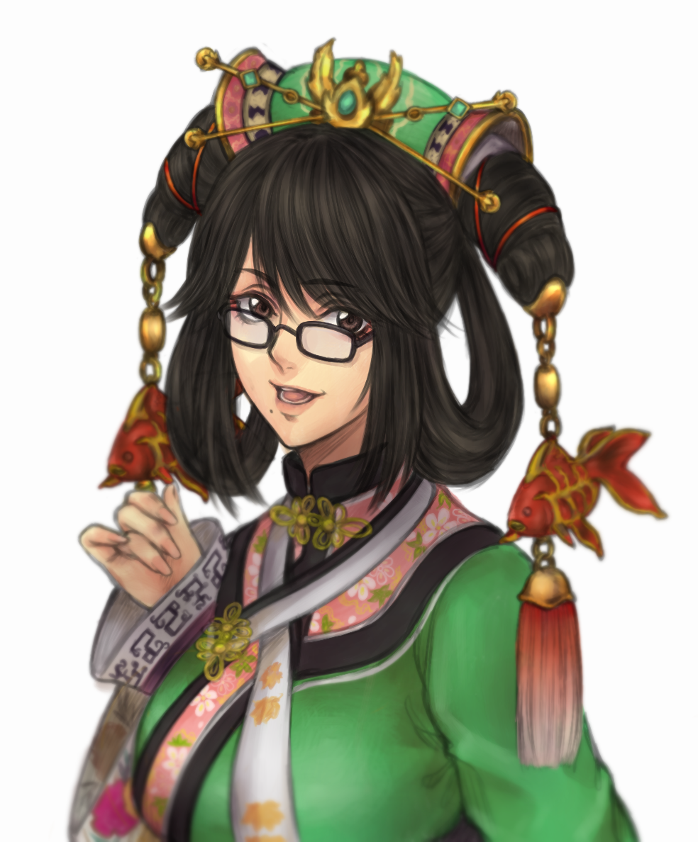 1girl black-framed_eyewear black_hair chinese_clothes glasses hair_rings kthovhinao_virmi looking_at_viewer mole mole_under_mouth samurai_spirits solo tassel updo wu-ruixiang