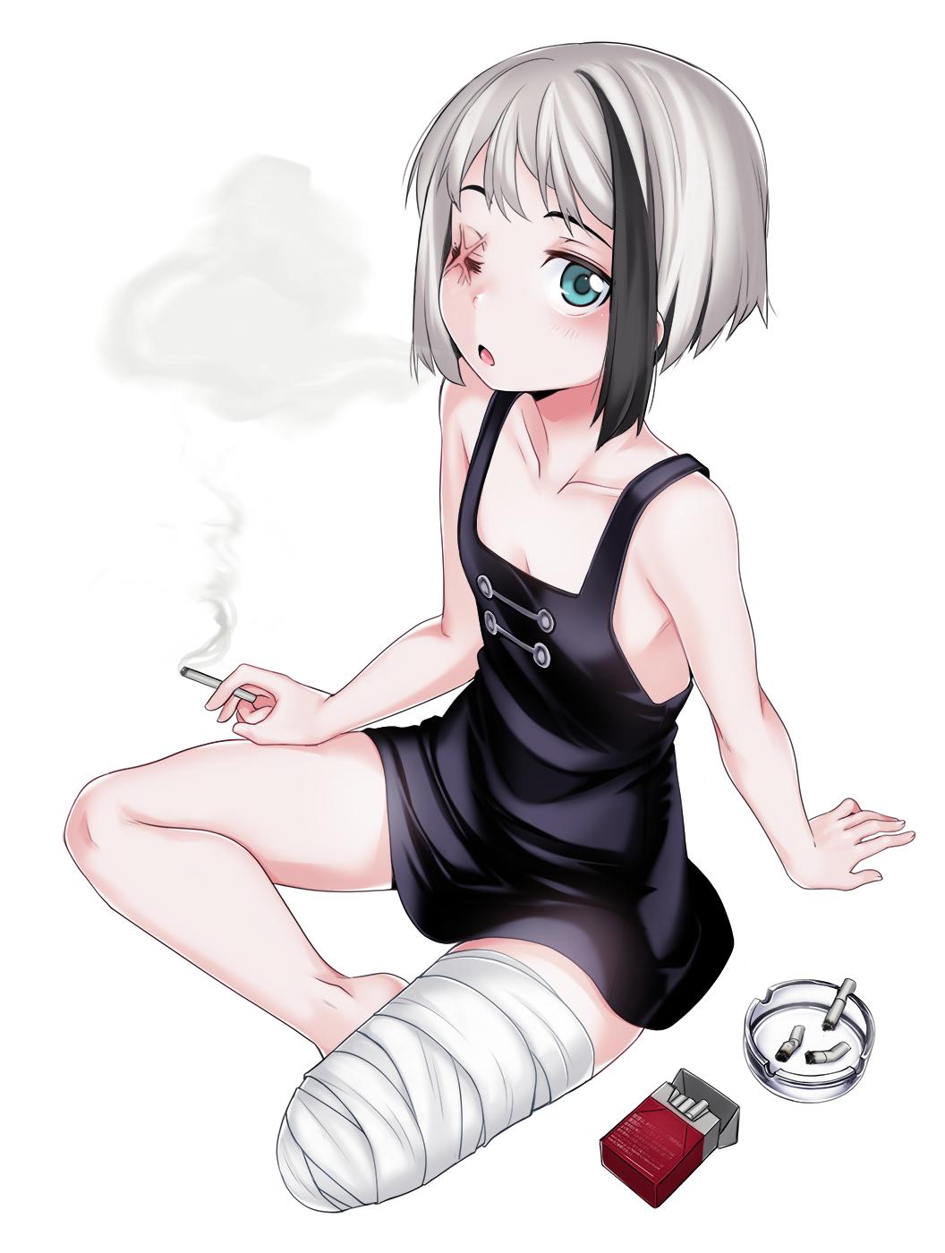 1girl :o amputee ashtray bandaged_leg bandages bare_arms bare_legs bare_shoulders bikko black_dress black_hair borrowed_character cigarette cigarette_box cigarette_butt collaboration collarbone dress flat_chest full_body green_eyes highres iwbitu-sa looking_at_viewer multicolored_hair no_bra ompf one-eyed one_eye_closed original scar scar_across_eye short_hair silver_hair simple_background sitting smoke smoking solo streaked_hair two-tone_hair white_background