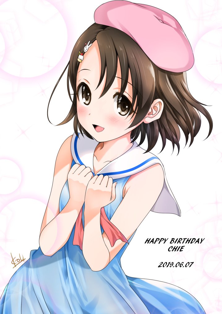 1girl beret black_hair blue_dress blush brown_eyes bunny_hair_ornament cake_hair_ornament character_name collarbone commentary_request dated dress eyebrows_visible_through_hair food_themed_hair_ornament hair_ornament hairclip hands_on_own_chest happy_birthday hat idolmaster idolmaster_cinderella_girls looking_at_viewer mitarashi_kousei neckerchief open_mouth own_hands_together sailor_collar sasaki_chie short_hair signature simple_background sleeveless sleeveless_dress smile solo upper_body