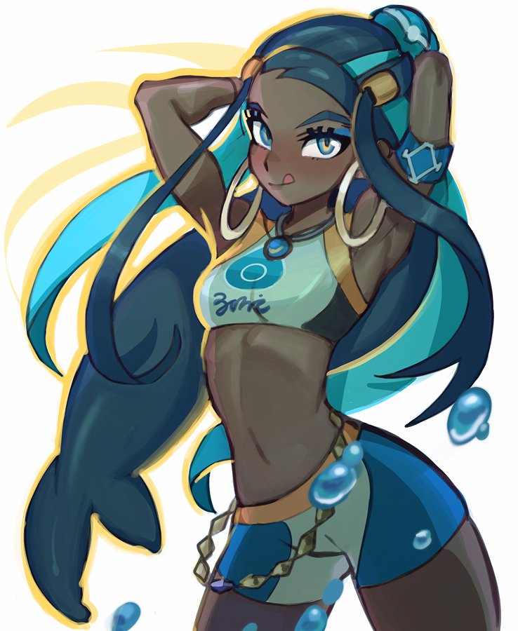 1girl :q aqua_hair armband armpits arms_up backlighting black_hair blue_eyes bun_cover cody_bunt commentary contrapposto cowboy_shot dark_skin earrings english_commentary eyelashes eyeshadow hair_bun hoop_earrings jewelry long_hair looking_at_viewer makeup midriff navel pendant petite pokemon pokemon_(game) pokemon_swsh rurina_(pokemon) sidelocks solo standing swimsuit tankini toned tongue tongue_out very_long_hair white_background
