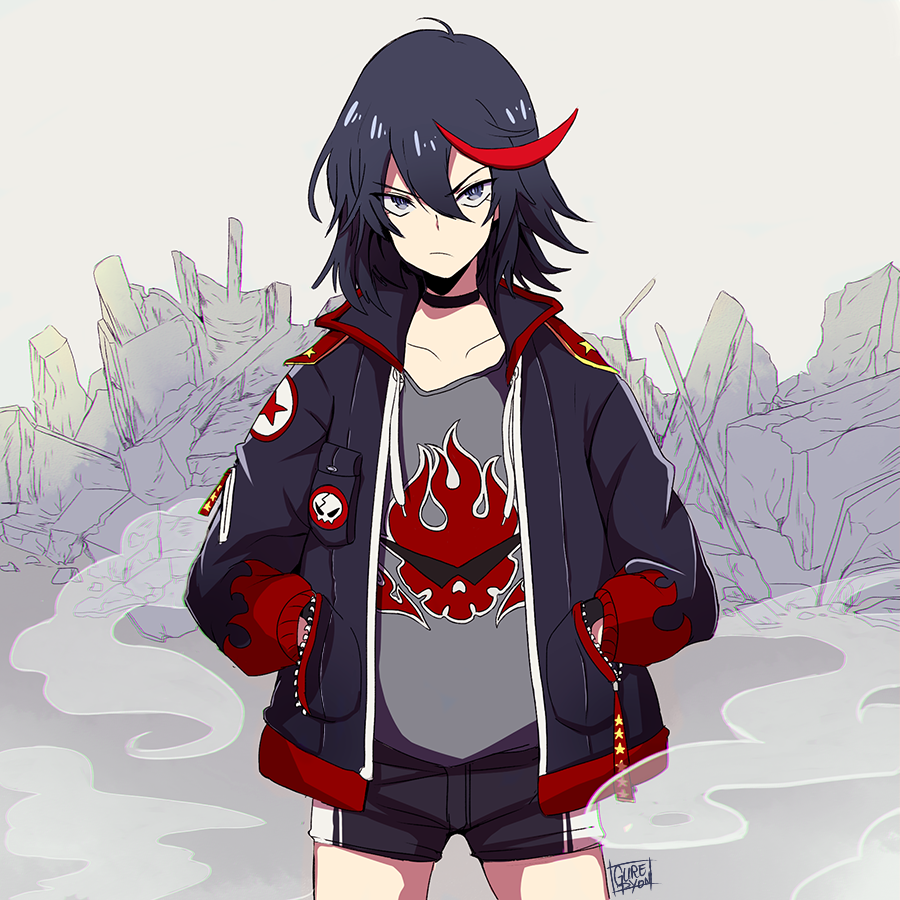 1girl black_hair blue_eyes bomber_jacket casual commentary creator_connection epaulettes flame_print frown gurepyon hair_between_eyes hands_in_pockets jacket kill_la_kill matoi_ryuuko multicolored_hair open_clothes open_jacket redhead shorts signature solo standing streaked_hair tengen_toppa_gurren_lagann