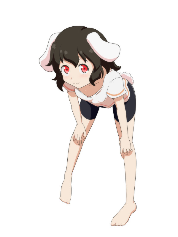 1girl :3 alternate_costume animal_ears bare_shoulders bent_over bike_shorts black_hair bunny_tail cato_(monocatienus) commentary_request full_body hands_on_own_knees inaba_tewi looking_at_viewer rabbit_ears red_eyes short_hair short_sleeves simple_background smile solo tail touhou white_background