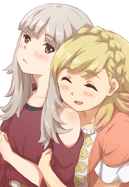 2girls alternate_costume blonde_hair braid closed_eyes closed_mouth crown_braid cute fire_emblem fire_emblem_heroes grey_hair intelligent_systems kuhuku006f86 kuudere long_hair multiple_girls nintendo open_mouth red_eyes sharena short_sleeves simple_background super_smash_bros. upper_body veronica_(fire_emblem) white_background