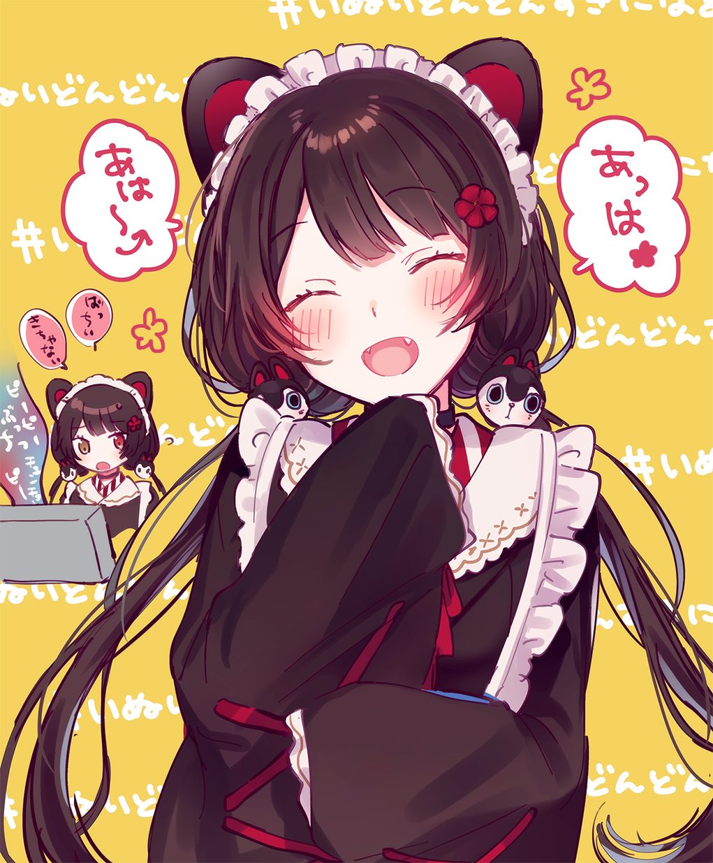 1girl :d ^_^ animal_ears apron background_text bangs black_choker black_kimono blush brown_eyes brown_hair choker closed_eyes dog_ears eyebrows_visible_through_hair facing_viewer fangs flower flying_sweatdrops frills fuji_fujino furisode hair_flower hair_ornament head_tilt heterochromia highres inui_toko japanese_clothes kimono long_hair long_sleeves looking_at_screen low_twintails maid_headdress multiple_views nijisanji open_mouth partially_translated red_eyes red_flower sidelocks sleeves_past_fingers sleeves_past_wrists smile speech_bubble sweat translation_request twintails upper_body very_long_hair virtual_youtuber white_apron wide_sleeves yellow_background