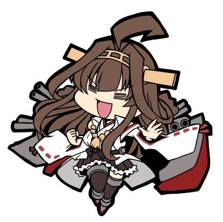1girl =_= ahoge boots brown_hair chibi closed_eyes commentary_request detached_sleeves double_bun full_body hairband headgear kantai_collection kongou_(kantai_collection) koopo long_hair lowres machinery open_mouth remodel_(kantai_collection) ribbon-trimmed_sleeves ribbon_trim simple_background solo thigh-highs thigh_boots white_background