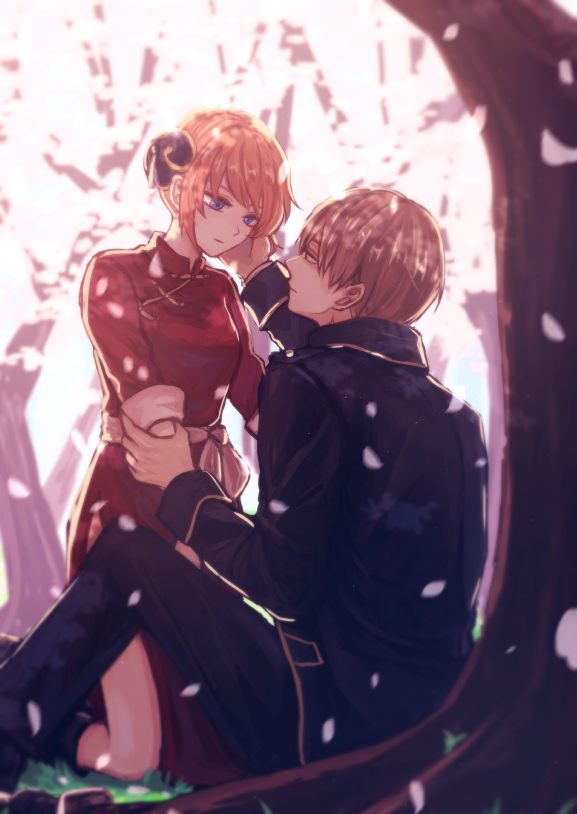 1boy 1girl against_tree black_jacket black_pants blue_eyes brown_hair cherry_blossoms china_dress chinese_clothes closed_mouth couple dress eye_contact gintama hand_on_another's_cheek hand_on_another's_face jacket kagura_(gintama) kneeling long_sleeves looking_at_another okita_sougo orange_hair pants red_dress red_eyes shiny shiny_hair short_hair side_slit sitting szzz_k tree