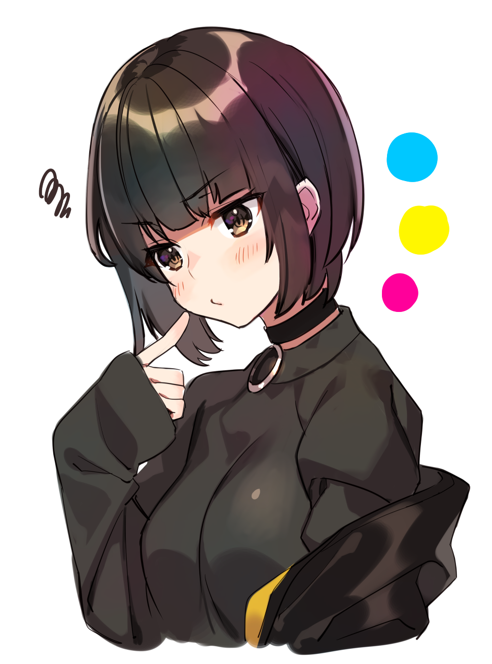 1girl bangs black_hair black_jacket blush breasts brown_eyes collar commentary_request eyebrows_visible_through_hair highres jacket komeo15 looking_at_viewer medium_breasts o-ring original short_hair simple_background sleeves_past_wrists solo white_background