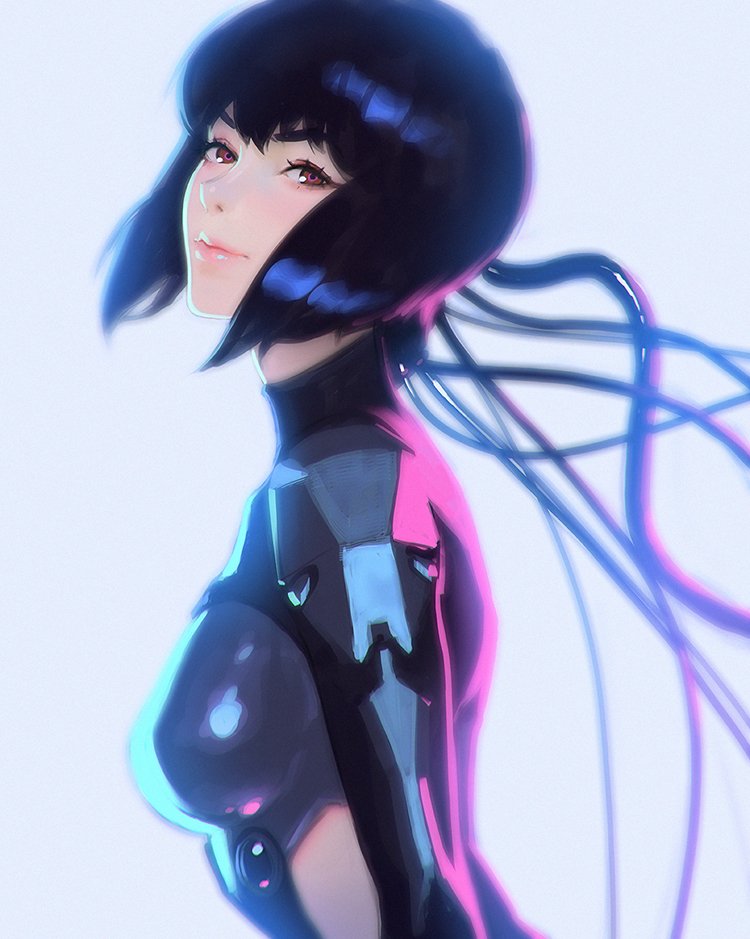 1girl bangs black_hair breasts brown_eyes check_artist cyborg from_side ghost_in_the_shell ilya_kuvshinov kusanagi_motoko lips looking_at_viewer medium_breasts official_art shiny smile solo third-party_source upper_body wire