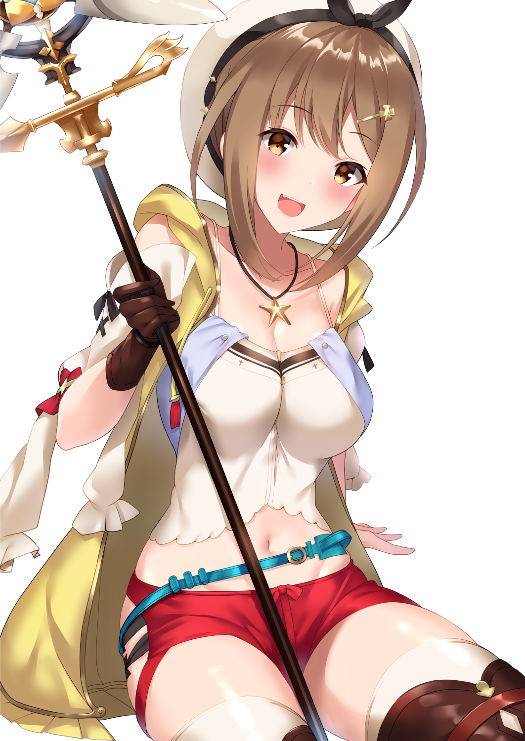 1girl :d atelier_(series) atelier_ryza blush breasts brown_eyes brown_gloves brown_hair brown_legwear caburi_cat cleavage_cutout collarbone eyebrows_visible_through_hair gloves hair_ornament hairclip hat highres jewelry medium_breasts midriff navel necklace open_mouth red_shorts reisalin_stout short_hair short_shorts shorts simple_background single_glove sitting smile solo star thigh-highs thighs white_background white_headwear