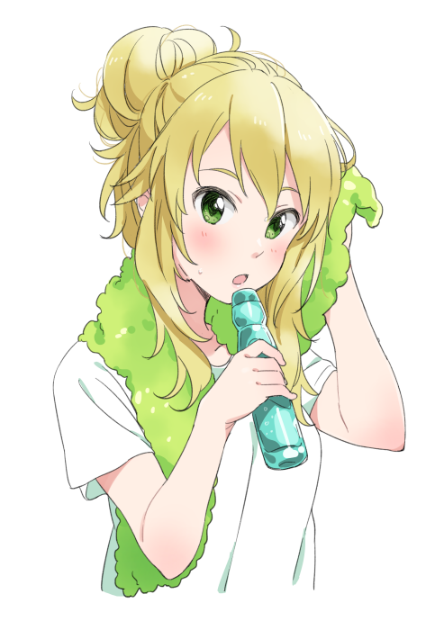 1girl blonde_hair bottle collarbone cropped_torso demirinz green_eyes hair_between_eyes holding holding_bottle hoshii_miki idolmaster idolmaster_(classic) long_hair open_mouth shirt short_sleeves simple_background sitting solo tied_hair towel towel_around_neck white_background white_shirt