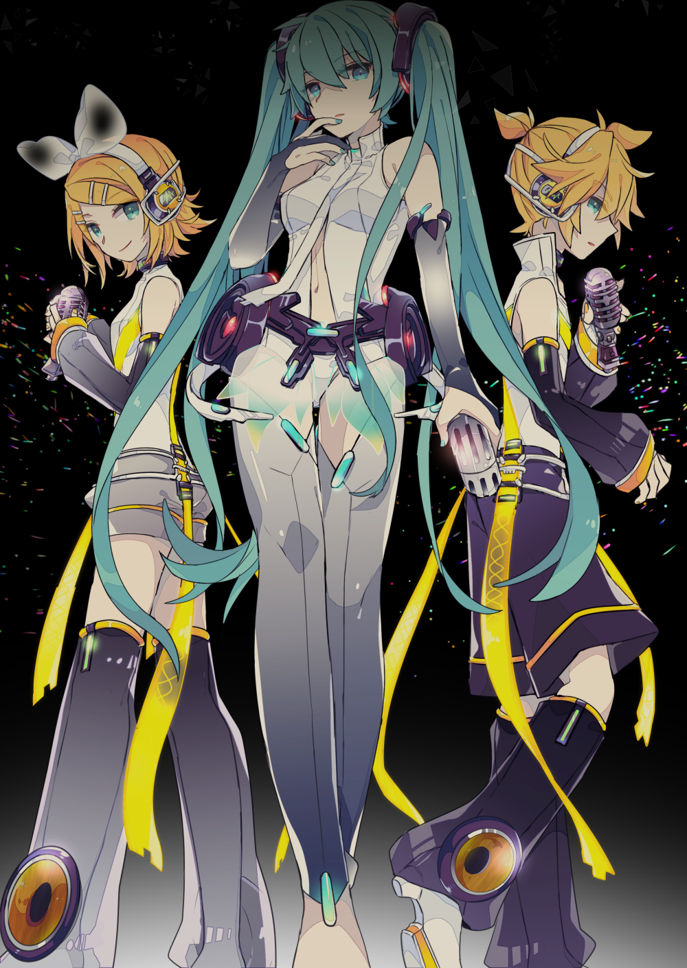 1boy 2girls aqua_eyes aqua_hair bangs bare_shoulders barefoot belt black_background blonde_hair bow bridal_gauntlets commentary detached_sleeves english_commentary feet_out_of_frame finger_to_mouth from_below hair_bow hair_ornament hairclip hatsune_miku headphones high_collar highres holding holding_microphone kagamine_len kagamine_len_(append) kagamine_rin kagamine_rin_(append) leg_warmers long_hair looking_at_viewer microphone midriff miku_append multiple_girls nail_polish navel navel_cutout parted_lips see-through shirt short_hair short_ponytail short_shorts shorts sleeveless sleeveless_shirt smile speaker standing thigh-highs twintails utility_belt very_long_hair vocaloid vocaloid_append white_bow yoshiki