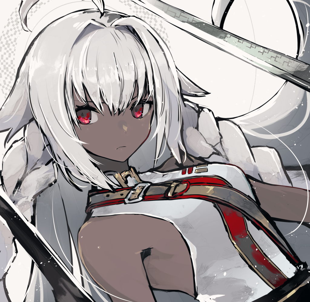 1girl backless_outfit bare_shoulders braid dark_skin fate/grand_order fate_(series) gun holding holding_weapon kusakanmuri lakshmibai_(fate/grand_order) long_hair looking_at_viewer red_eyes rifle sleeveless solo sword unsheathed weapon white_background white_hair